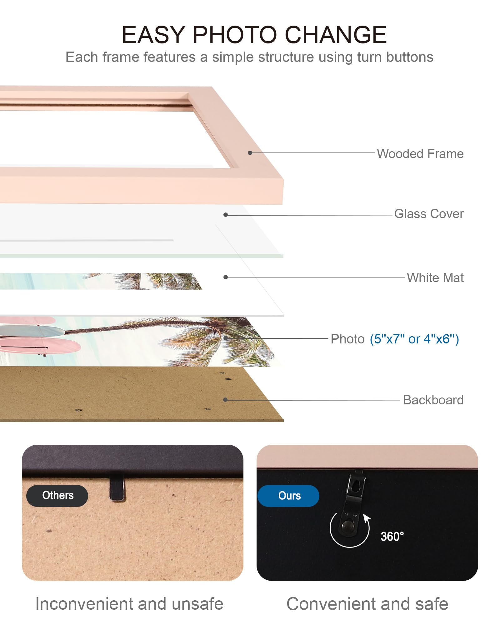 Hongkee 5x7 Picture Frame (4 Pack, Pink) Made of Real Glass and Wooden Frame - Display Pictures 4x6 with Mat or 5x7 Without Mat,